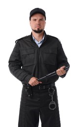 Young security guard in uniform with baton isolated on white