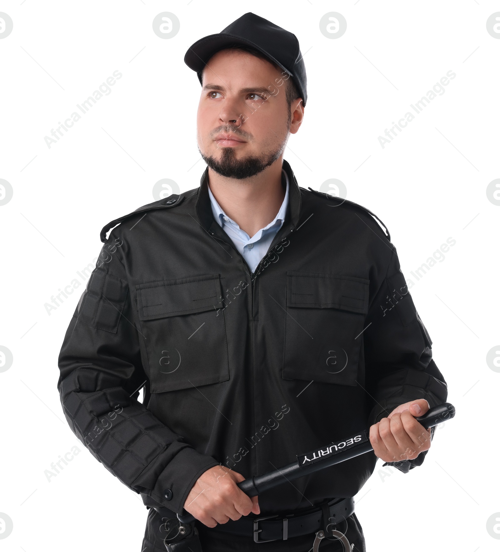 Photo of Young security guard in uniform with baton isolated on white