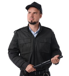 Young security guard in uniform with baton isolated on white