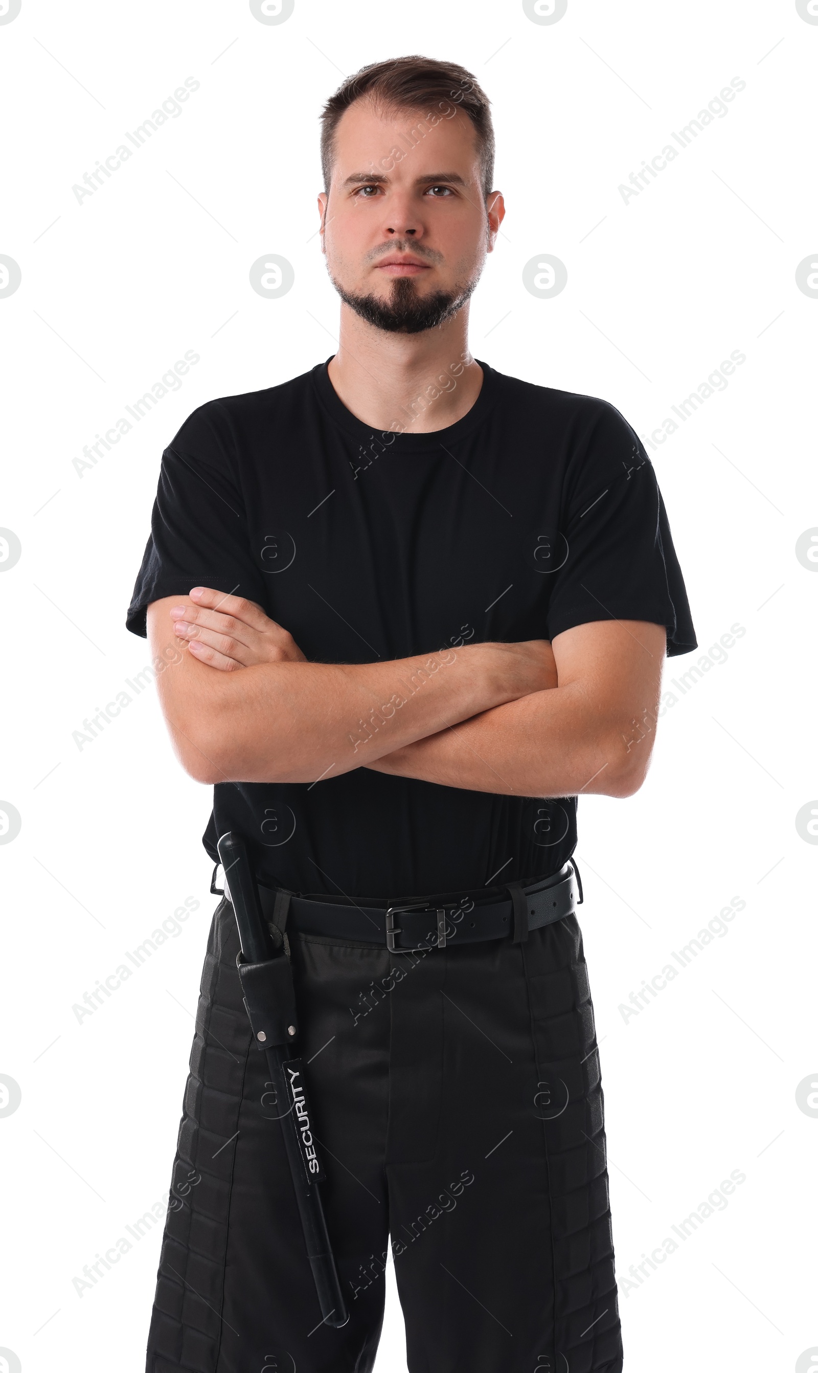 Photo of Young bodyguard with baton isolated on white