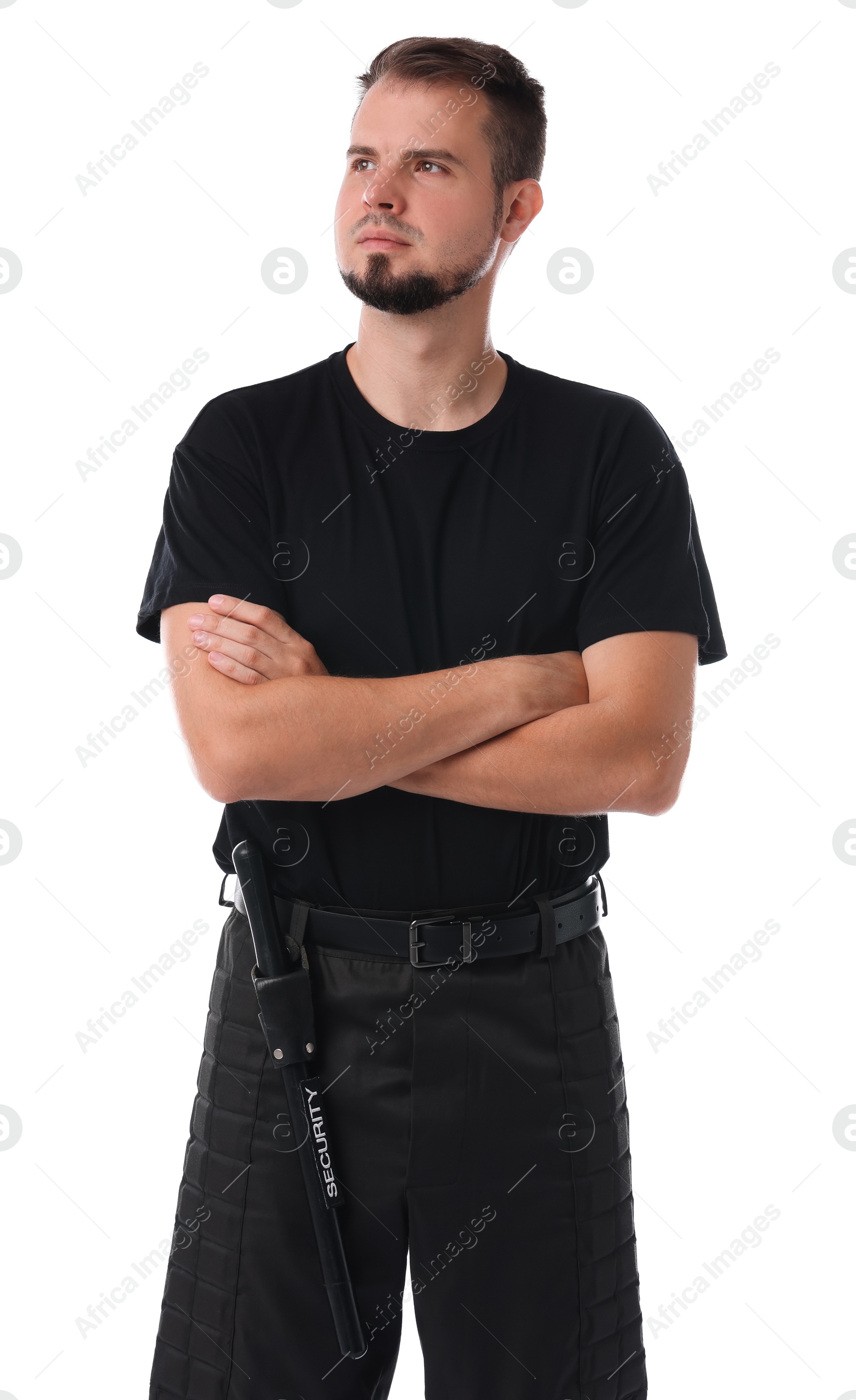 Photo of Young bodyguard with baton isolated on white