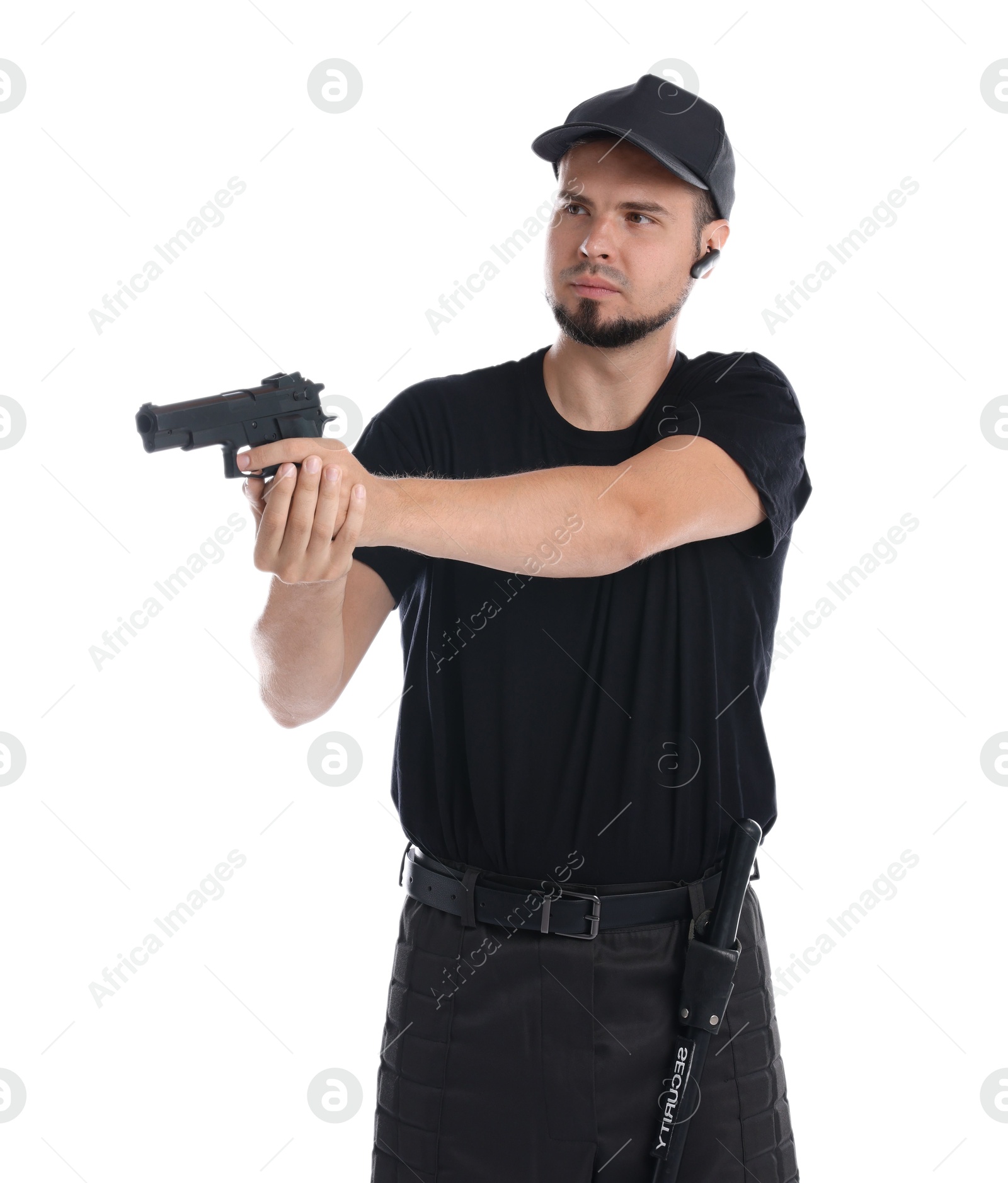 Photo of Young bodyguard using gun on white background