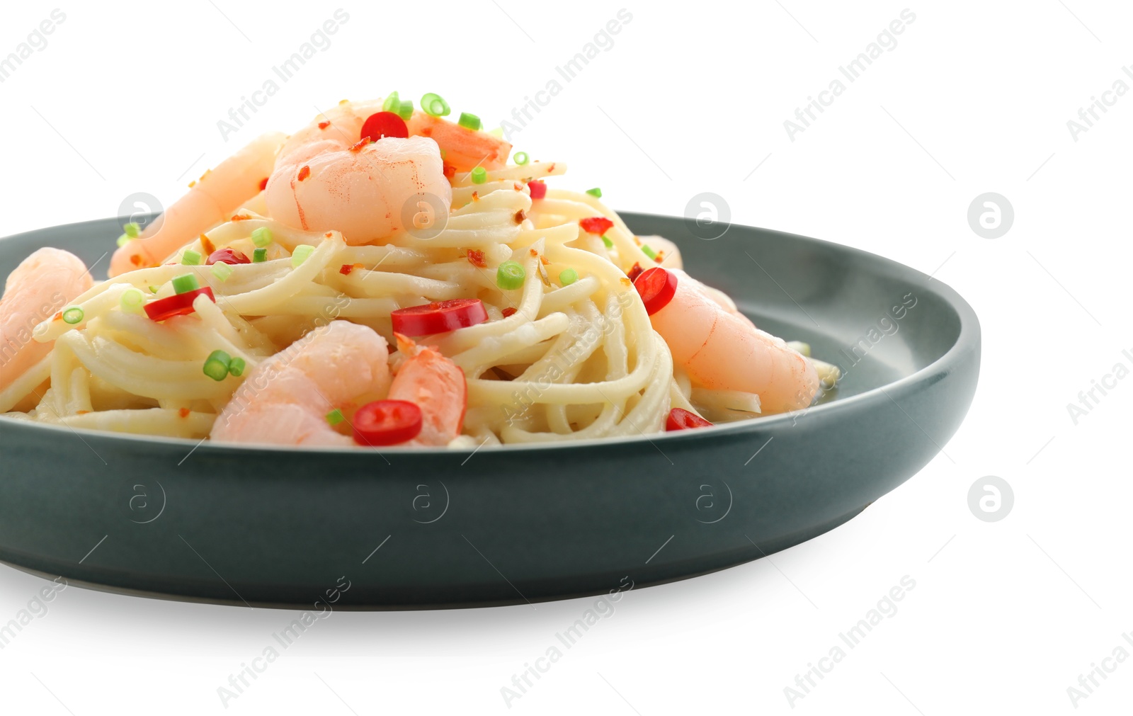 Photo of Delicious pasta with shrimps, green onion and chili pepper isolated on white