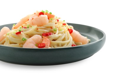 Photo of Delicious pasta with shrimps, green onion and chili pepper isolated on white