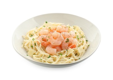 Photo of Delicious pasta with shrimps and cheese isolated on white