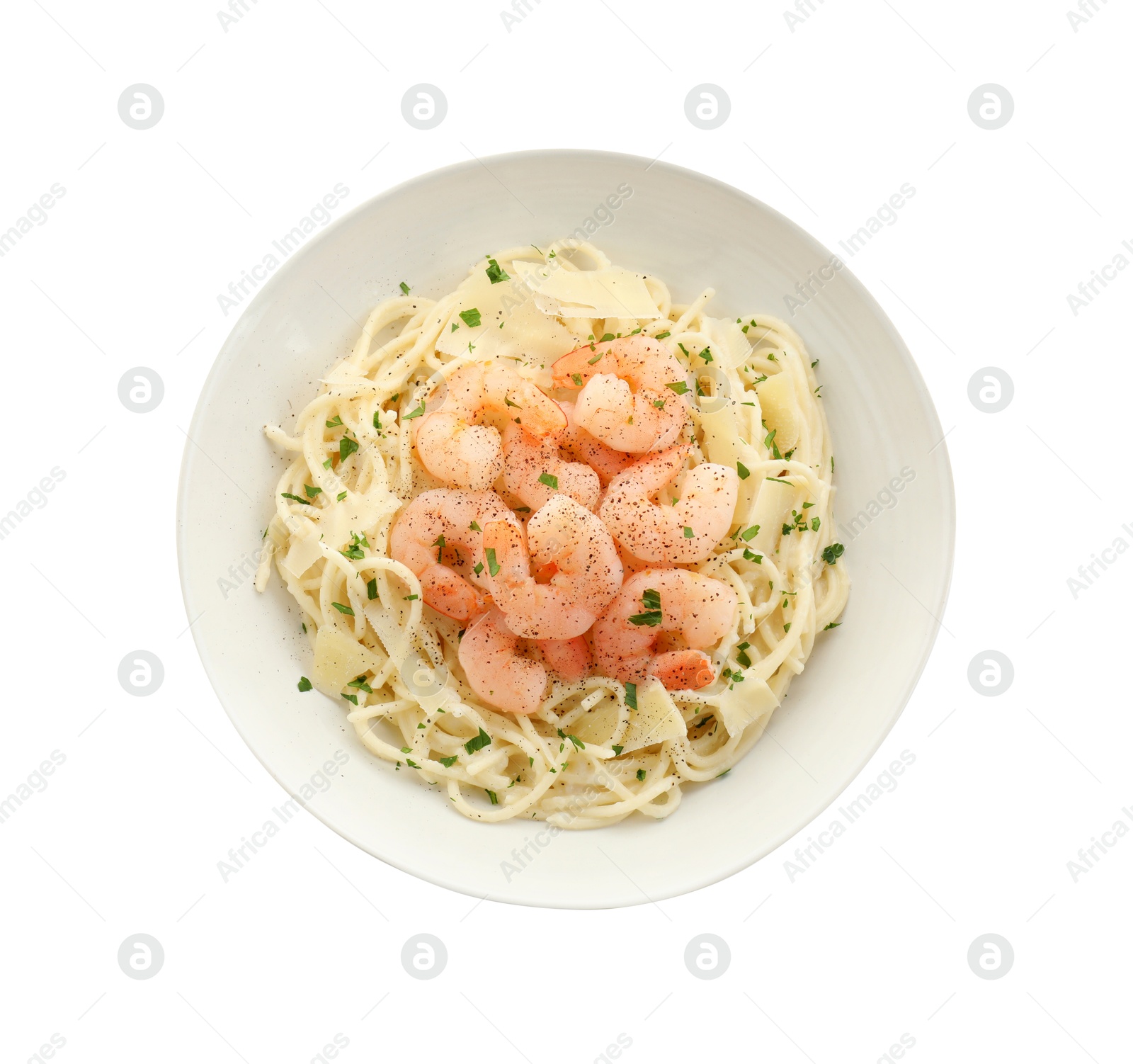 Photo of Delicious pasta with shrimps and cheese isolated on white, top view