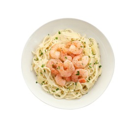 Photo of Delicious pasta with shrimps and cheese isolated on white, top view