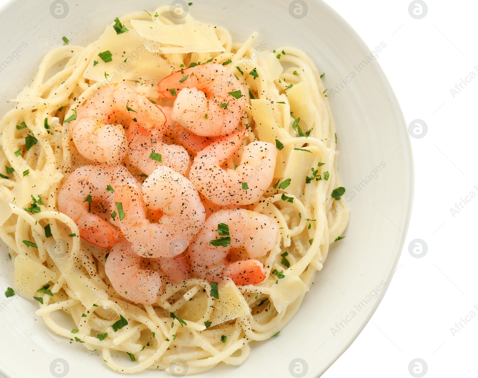 Photo of Delicious pasta with shrimps and cheese isolated on white, top view