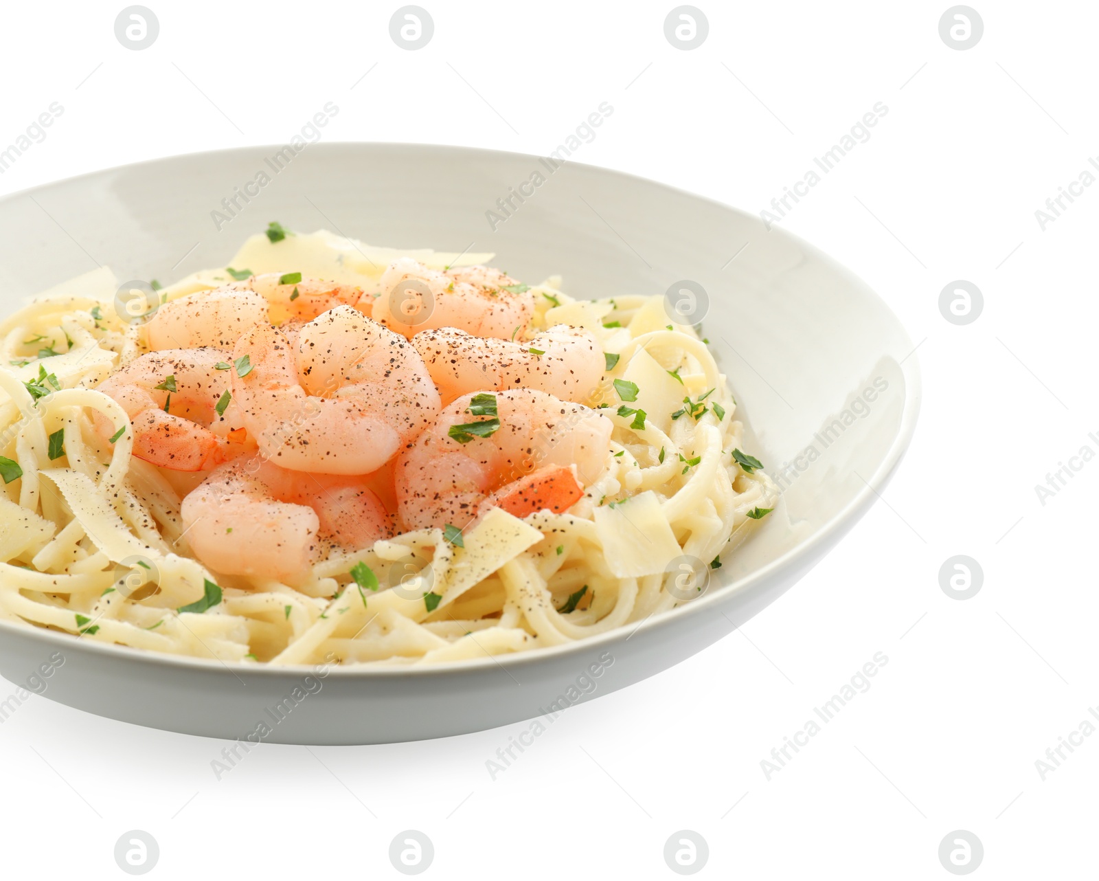 Photo of Delicious pasta with shrimps and cheese isolated on white