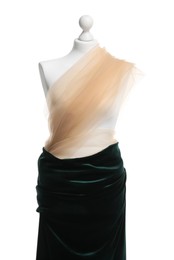 Photo of Mannequin with fabric isolated on white. Creating new outfit