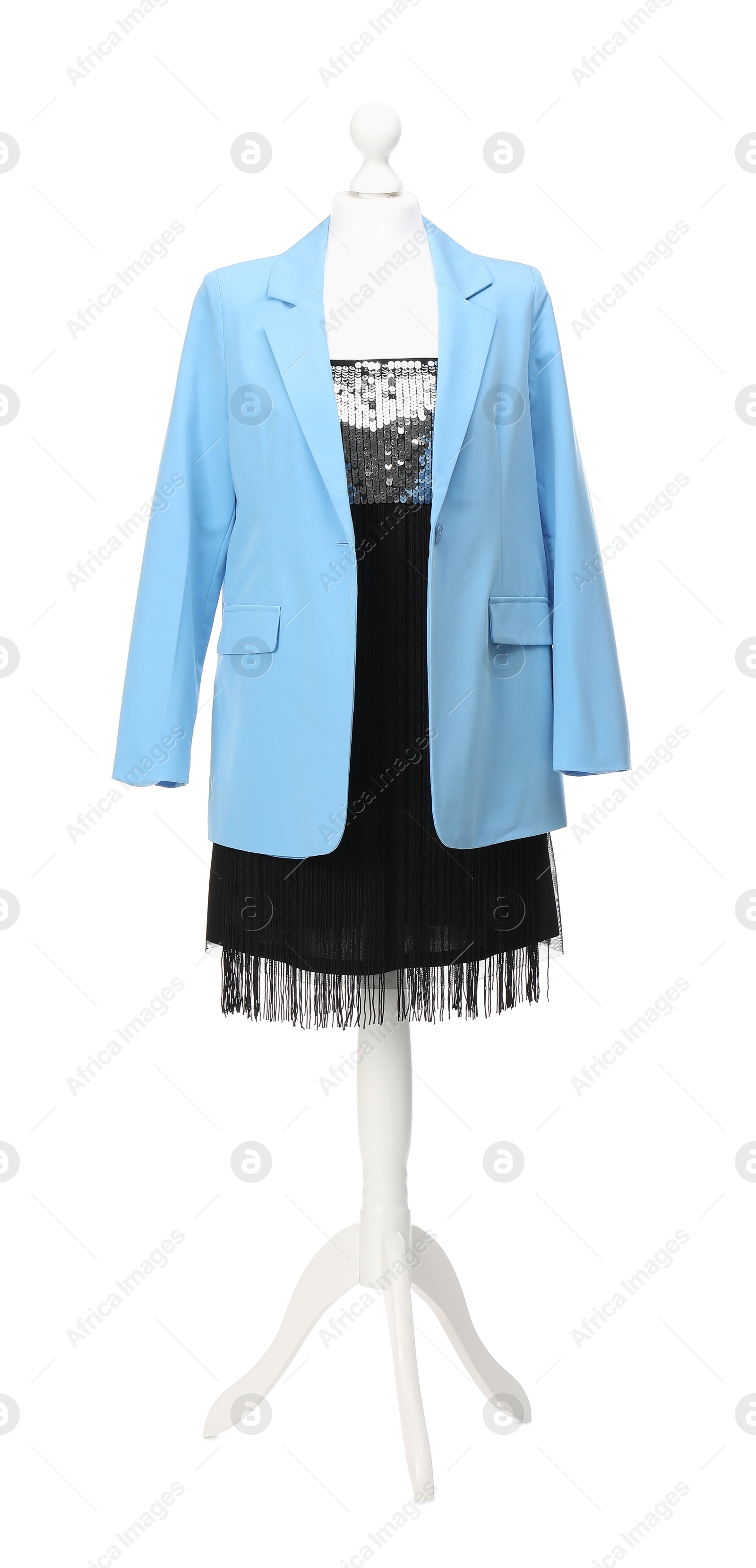 Photo of Mannequin with new stylish dress and jacket isolated on white