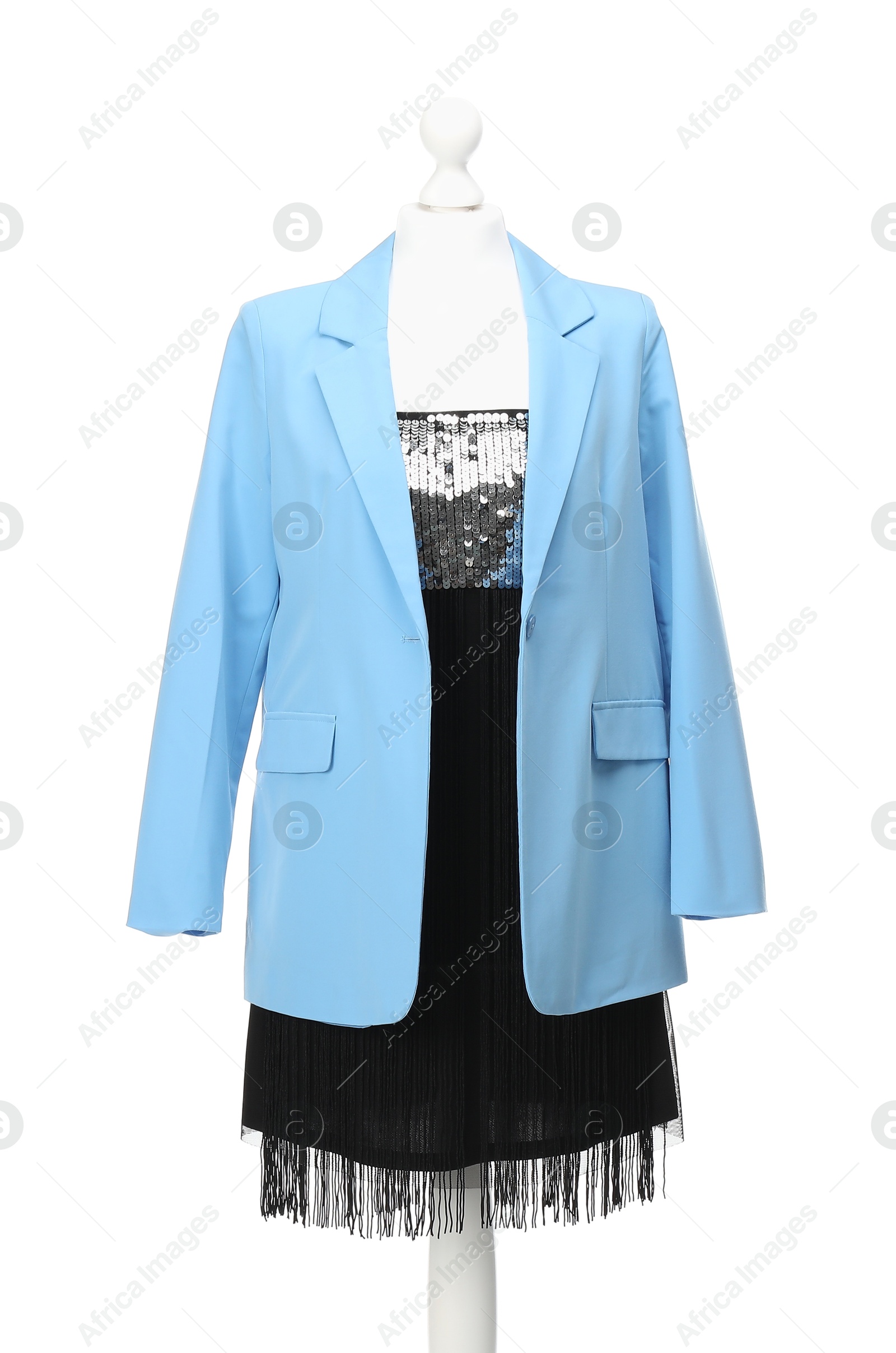 Photo of Mannequin with new stylish dress and jacket isolated on white