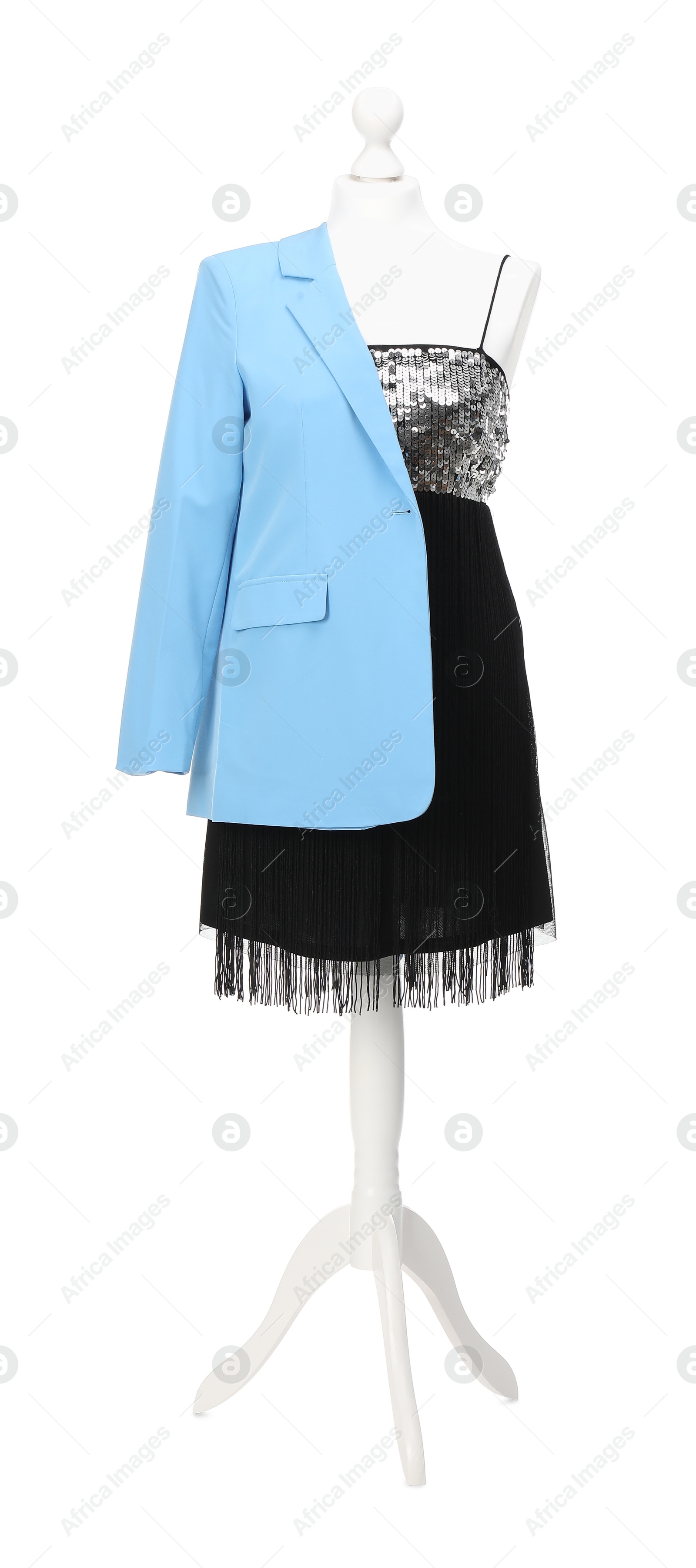 Photo of Mannequin with new stylish dress and jacket isolated on white