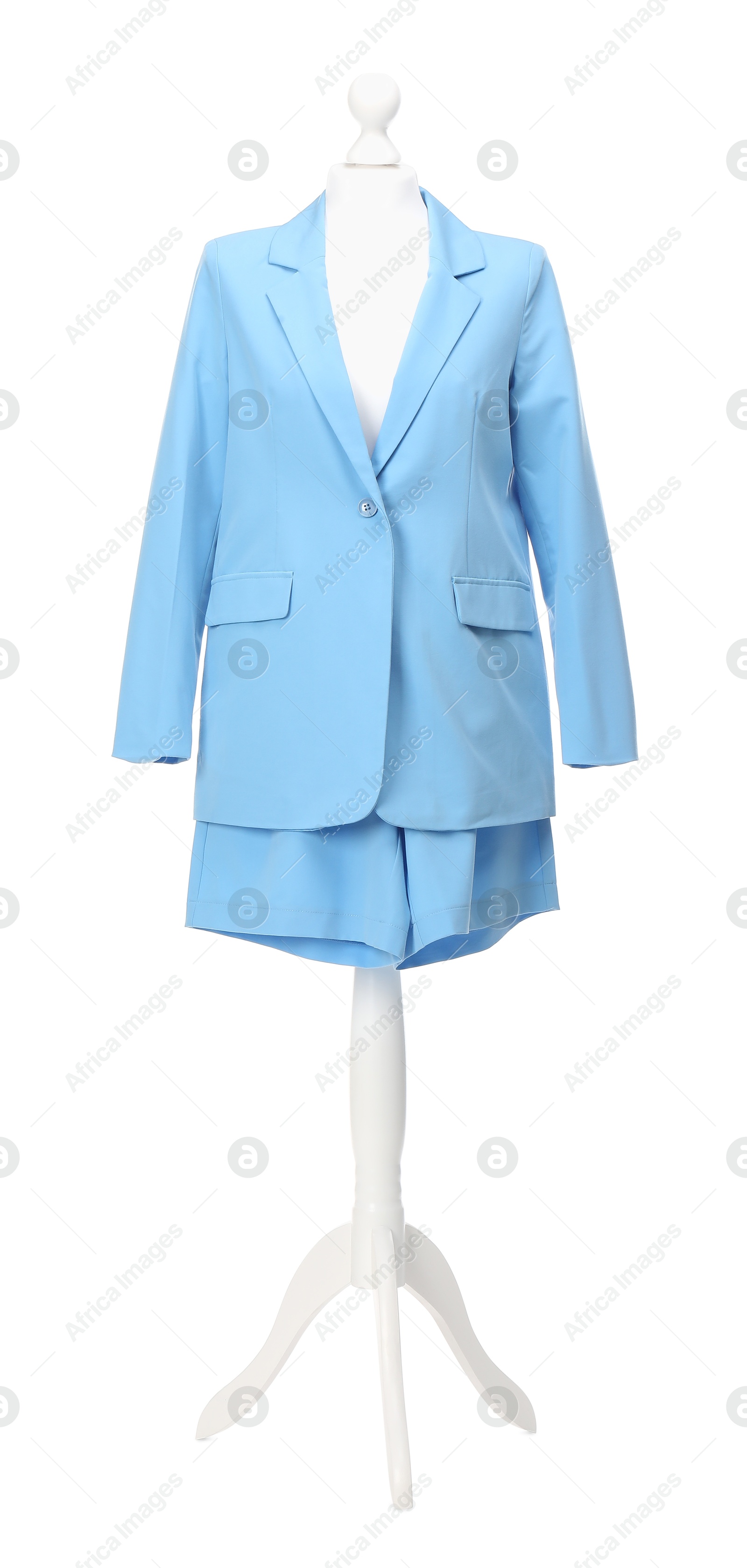 Photo of Mannequin with new stylish jacket and shorts isolated on white