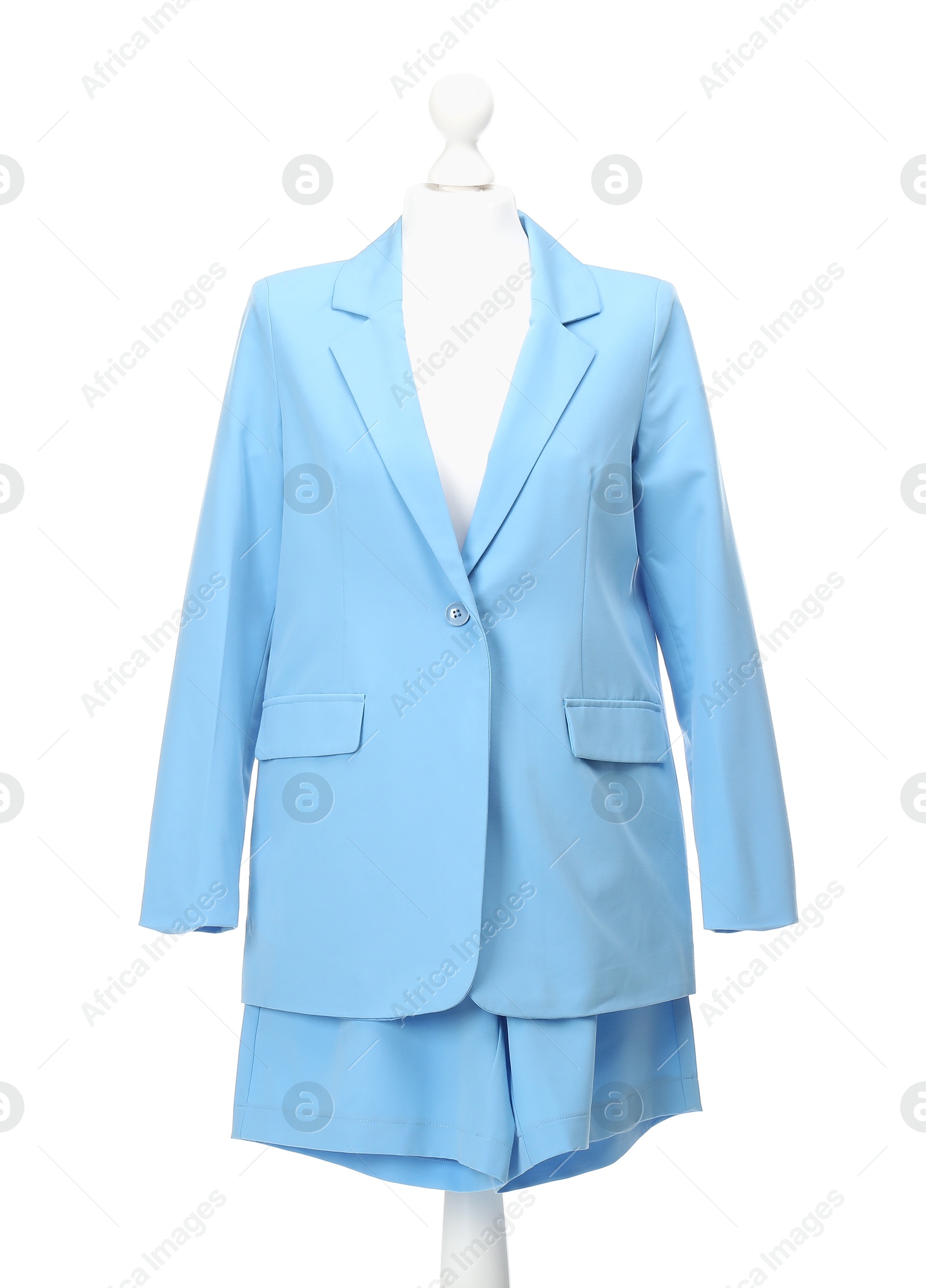 Photo of Mannequin with new stylish jacket and shorts isolated on white