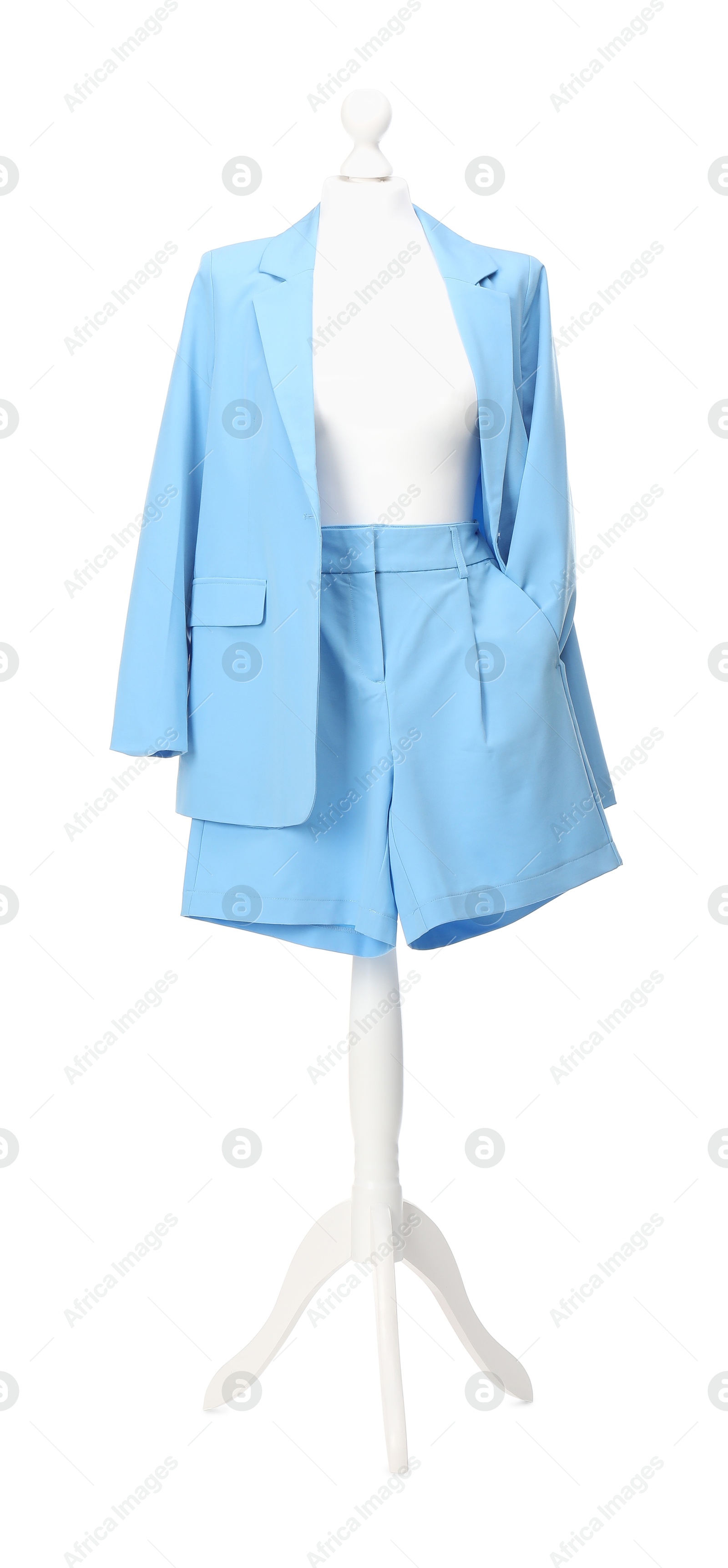 Photo of Mannequin with new stylish jacket and shorts isolated on white