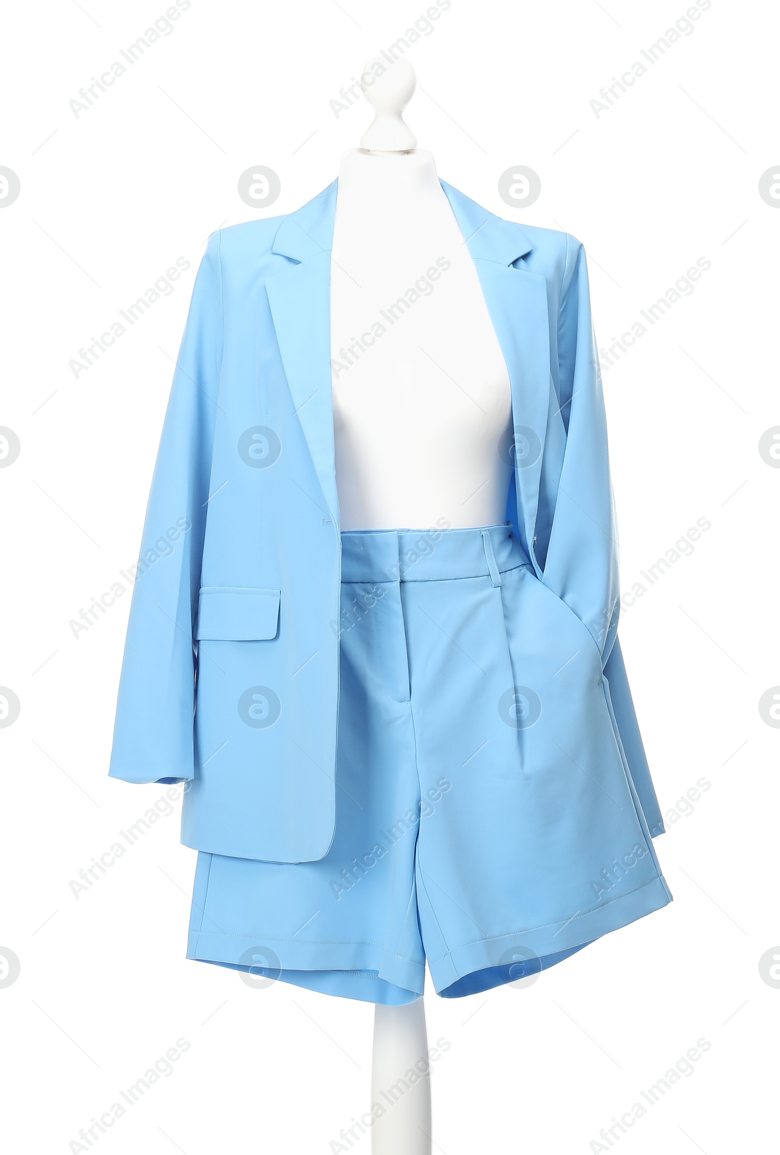 Photo of Mannequin with new stylish jacket and shorts isolated on white