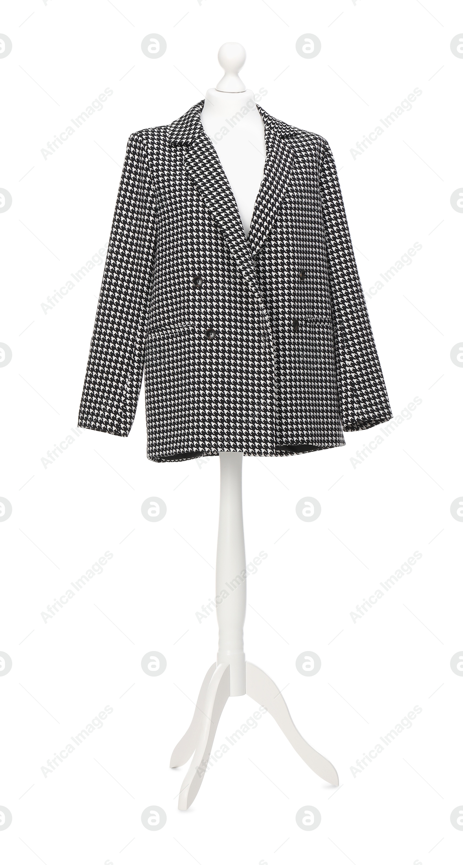 Photo of Mannequin with new stylish jacket isolated on white