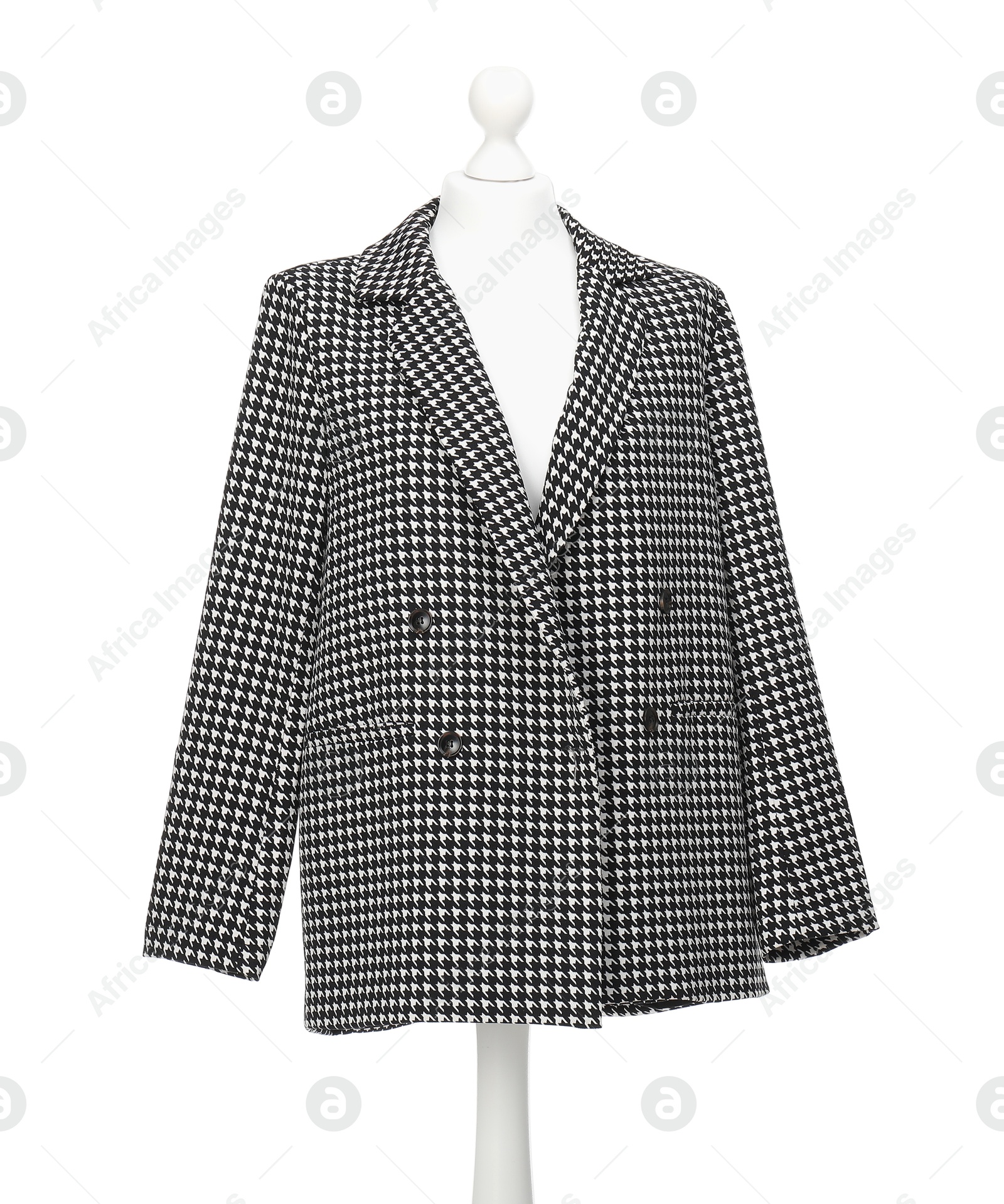 Photo of Mannequin with new stylish jacket isolated on white