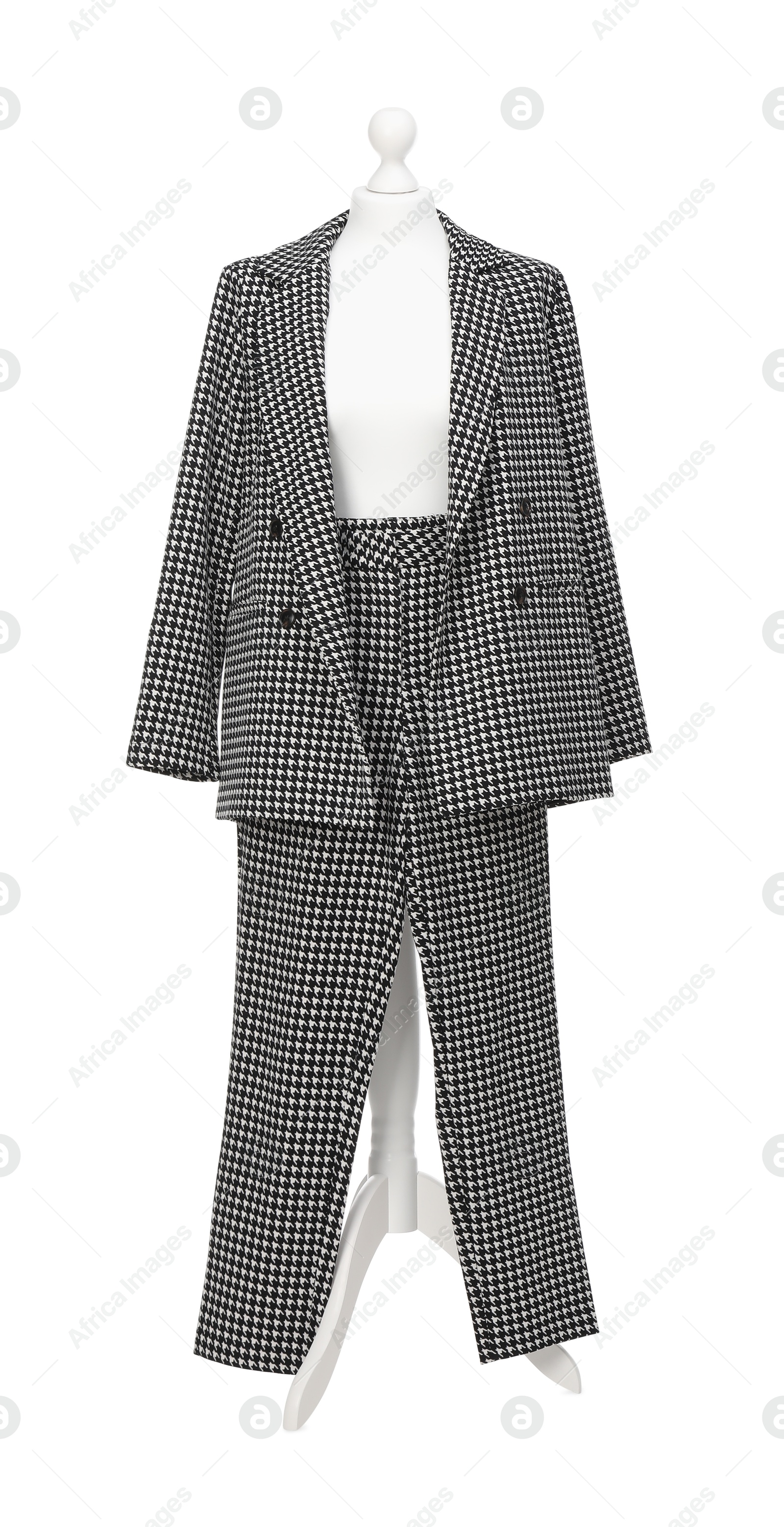 Photo of Mannequin with new stylish suit isolated on white