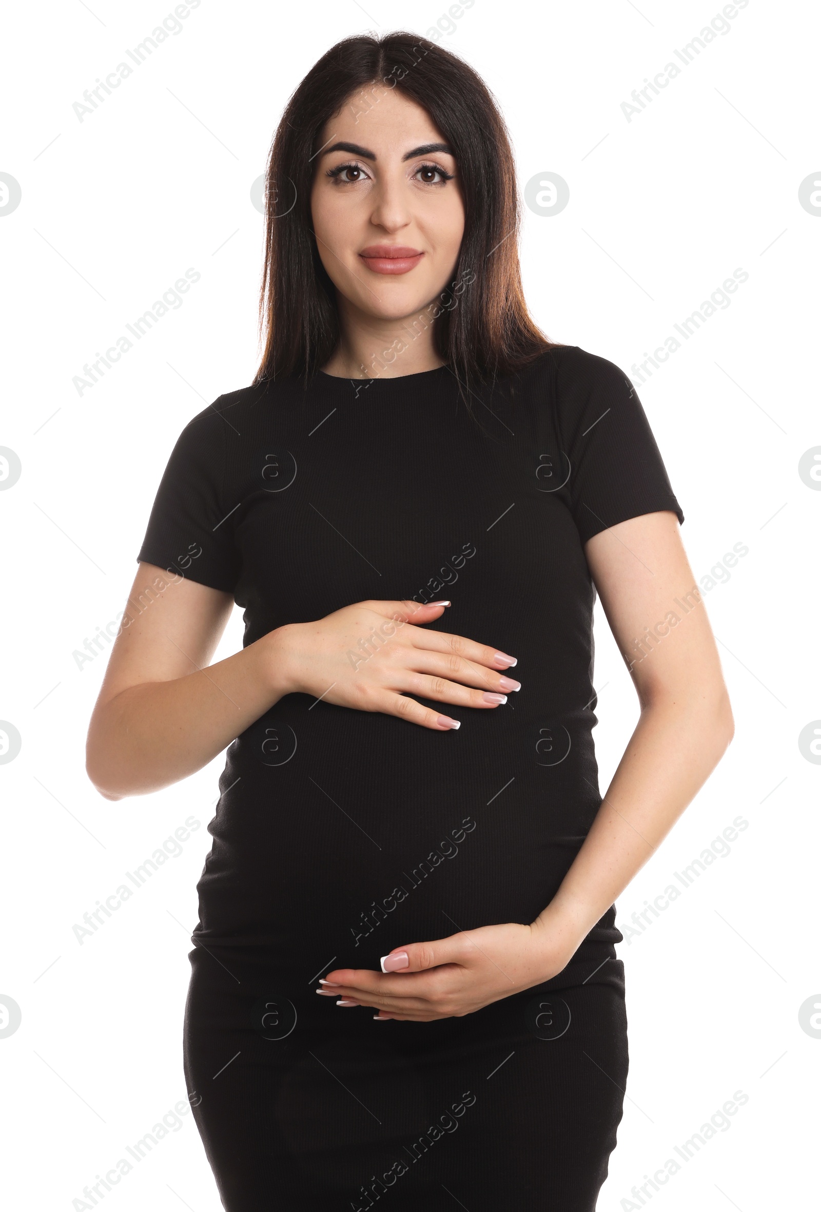 Photo of Portrait of beautiful pregnant woman on white background