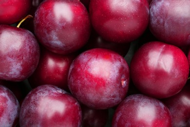 Photo of Many fresh plums as background, top view