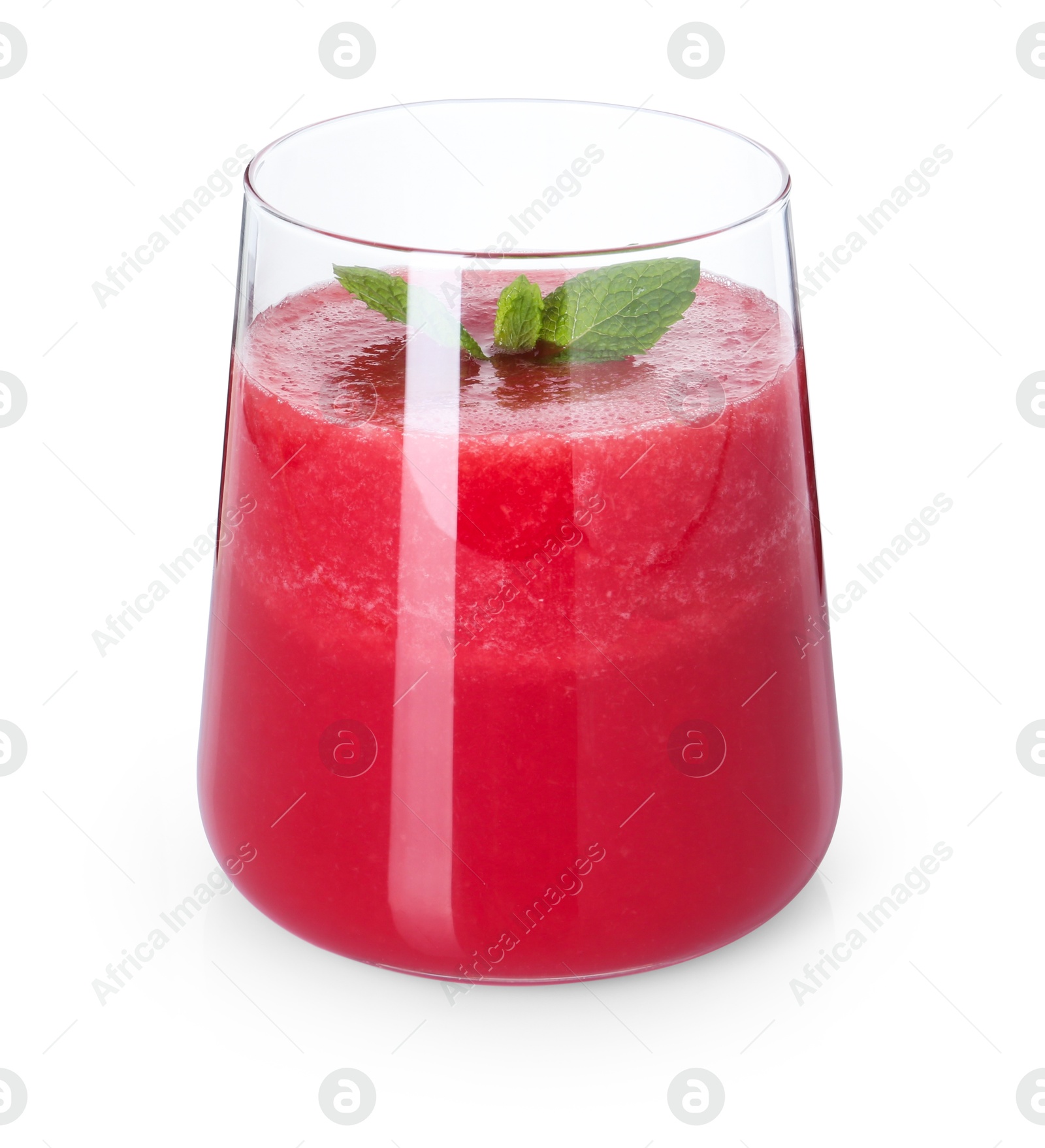 Photo of Tasty watermelon drink and mint in glass isolated on white