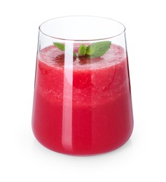 Photo of Tasty watermelon drink and mint in glass isolated on white