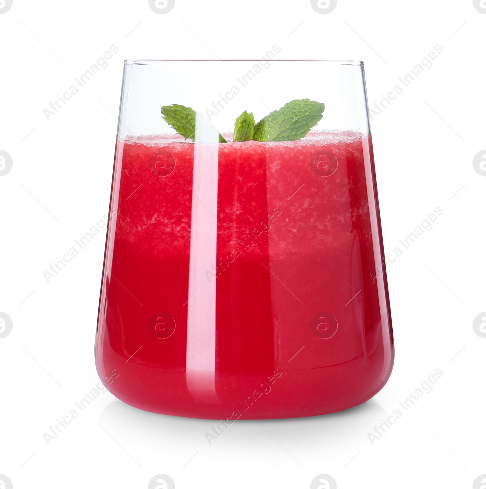 Photo of Tasty watermelon drink and mint in glass isolated on white