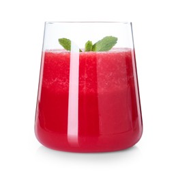 Photo of Tasty watermelon drink and mint in glass isolated on white