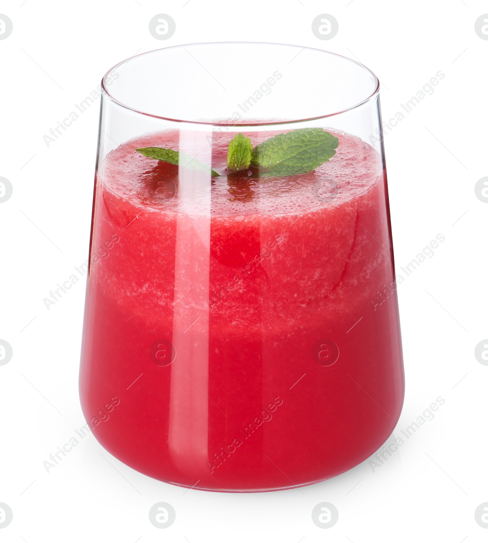 Photo of Tasty watermelon drink and mint in glass isolated on white