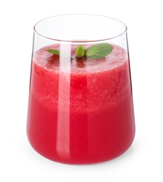 Photo of Tasty watermelon drink and mint in glass isolated on white