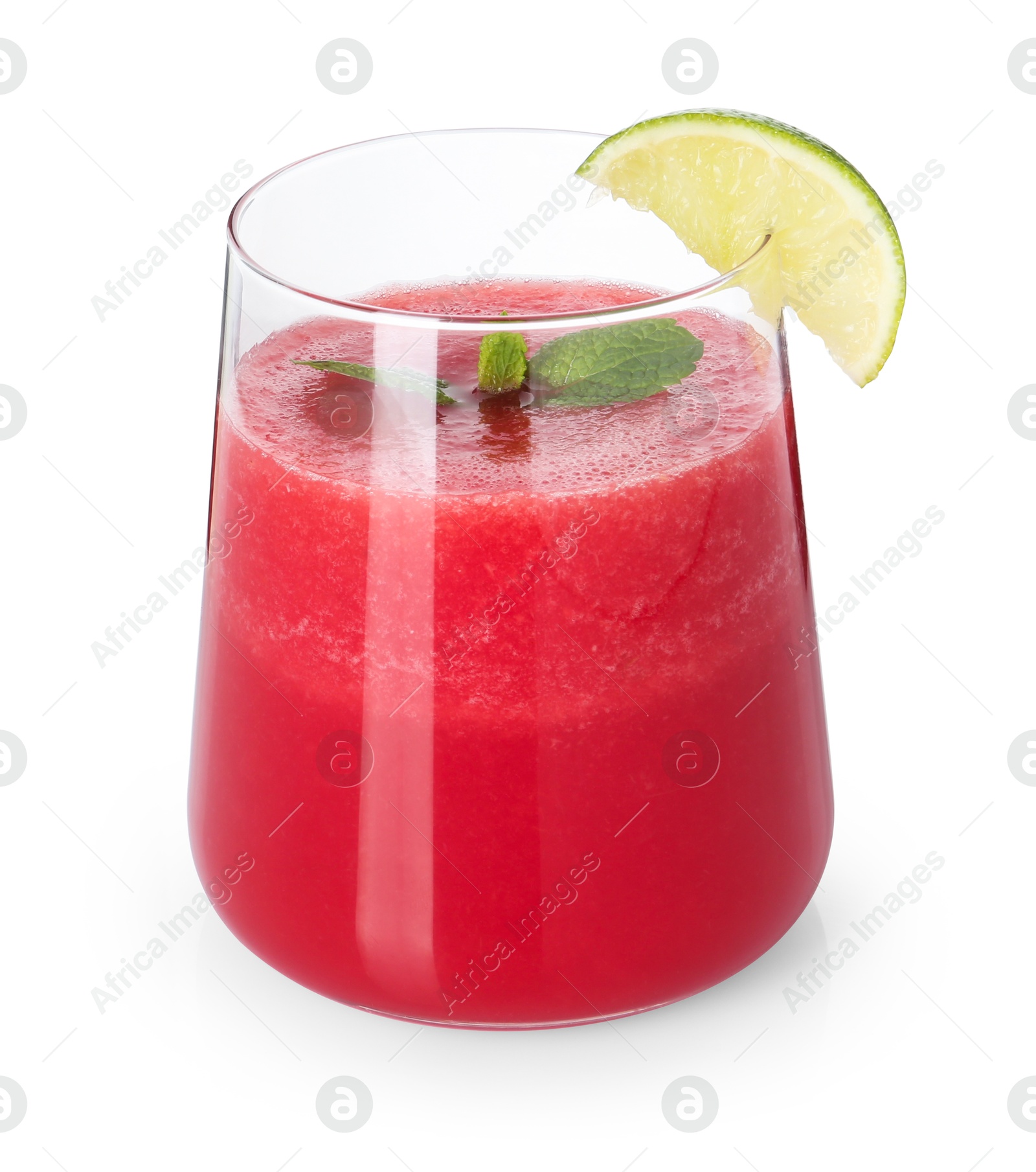 Photo of Tasty watermelon drink in glass, mint and lime isolated on white