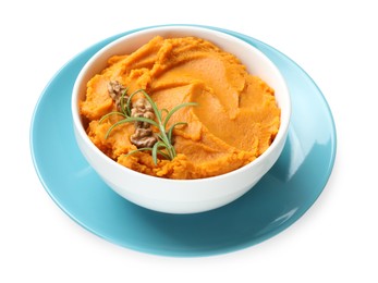 Photo of Delicious mashed sweet potatoes with walnuts and rosemary in bowl isolated on white