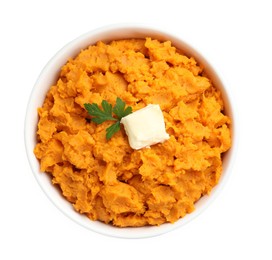 Photo of Delicious mashed sweet potatoes with butter and parsley in bowl isolated on white, top view