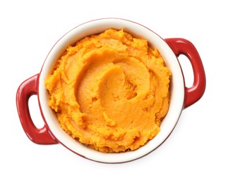 Photo of Delicious mashed sweet potatoes in pot isolated on white, top view