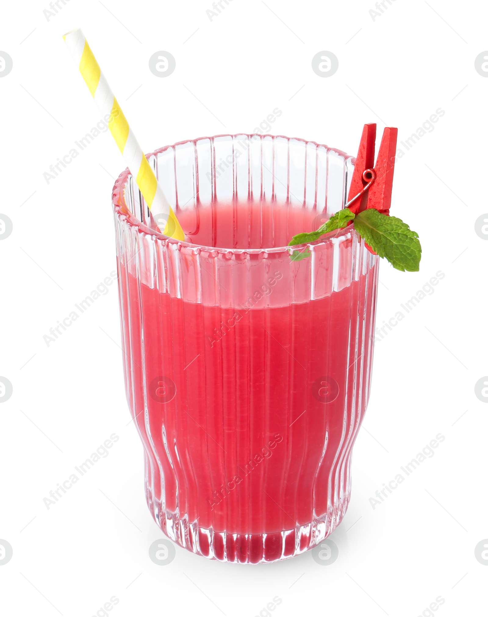 Photo of Tasty watermelon drink in glass isolated on white