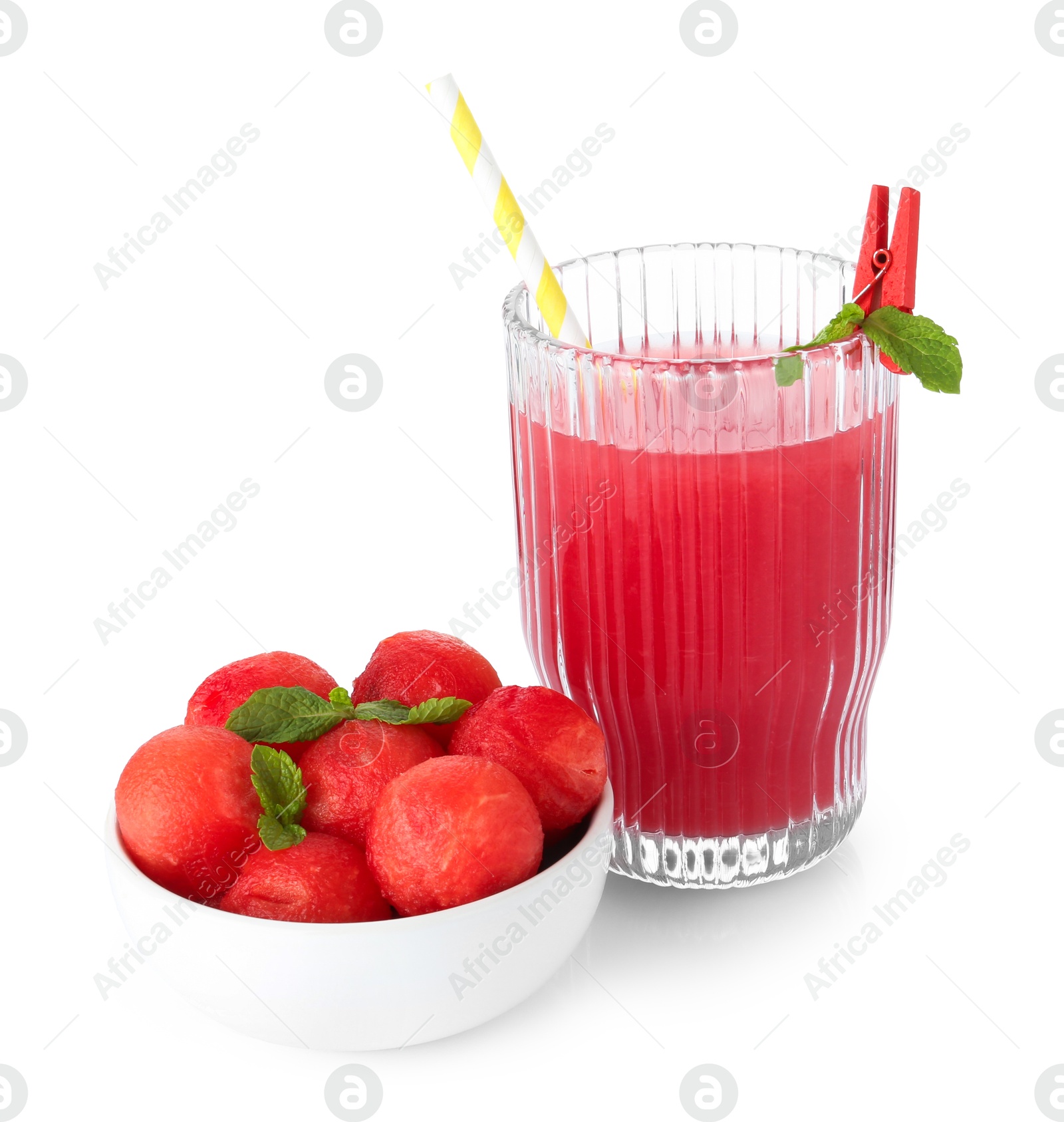 Photo of Tasty watermelon drink and fresh cut fruit isolated on white