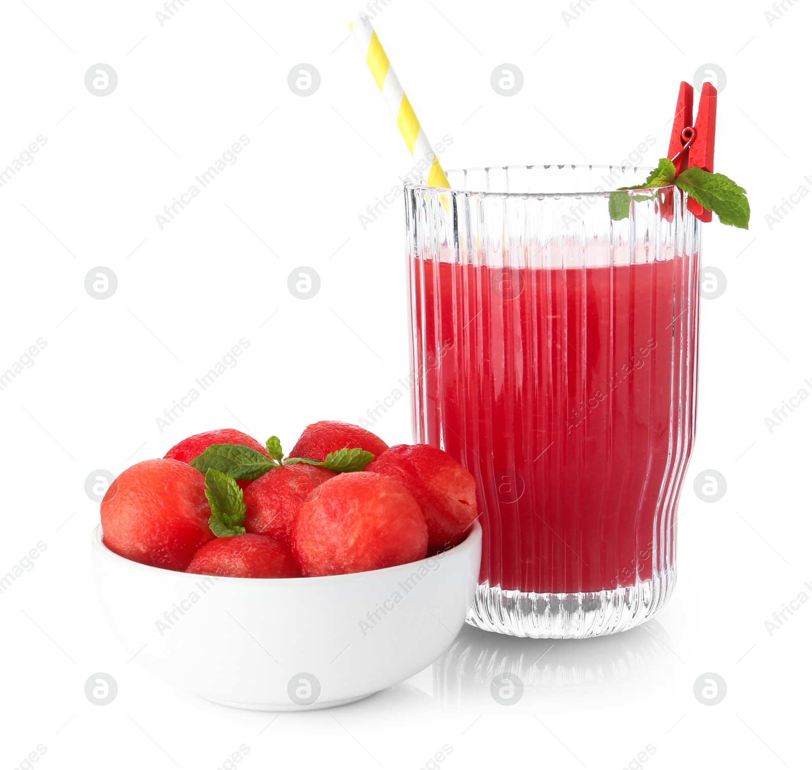 Photo of Tasty watermelon drink and fresh cut fruit isolated on white