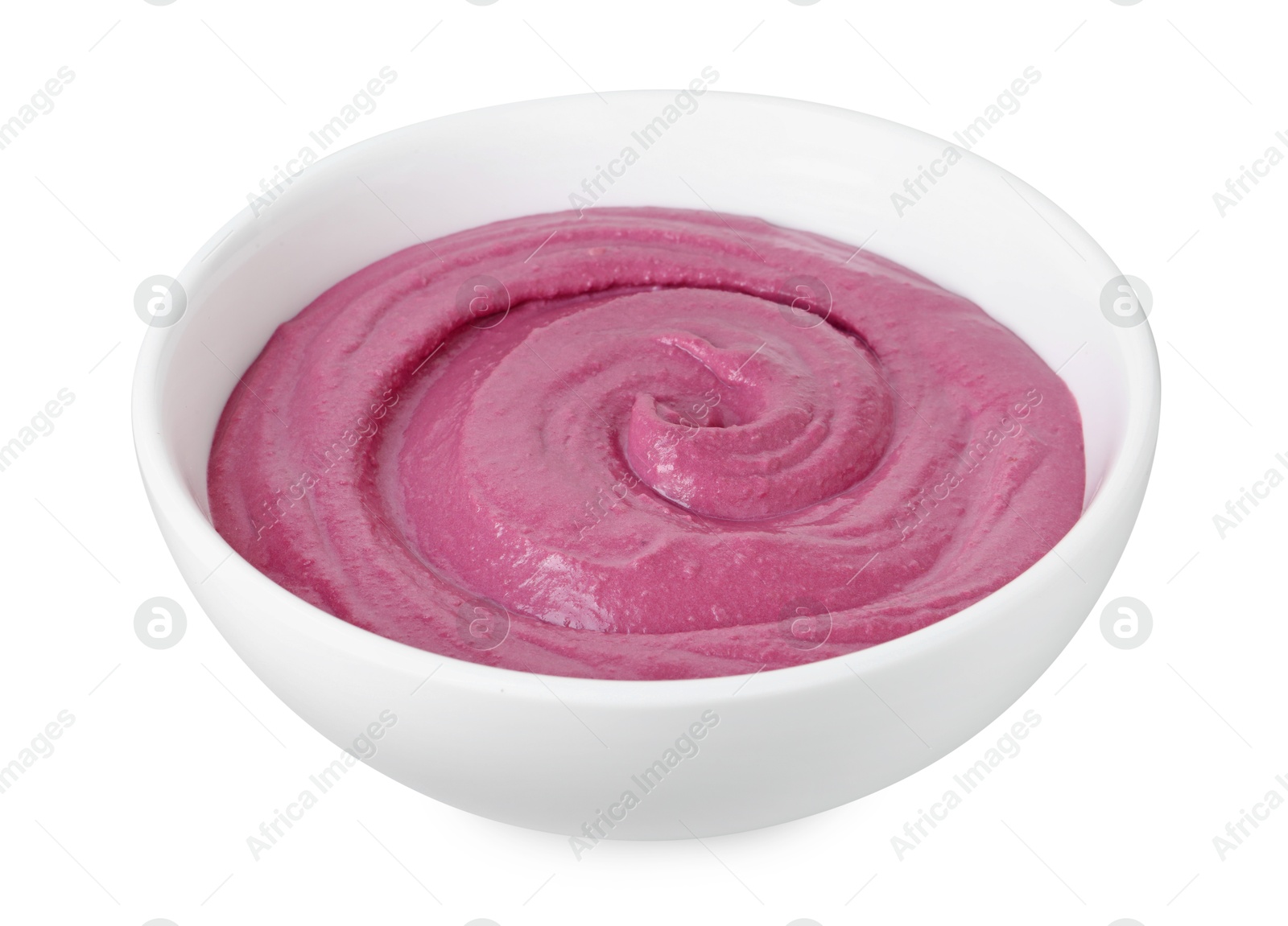 Photo of Tasty beetroot hummus in bowl isolated on white