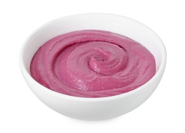 Tasty beetroot hummus in bowl isolated on white