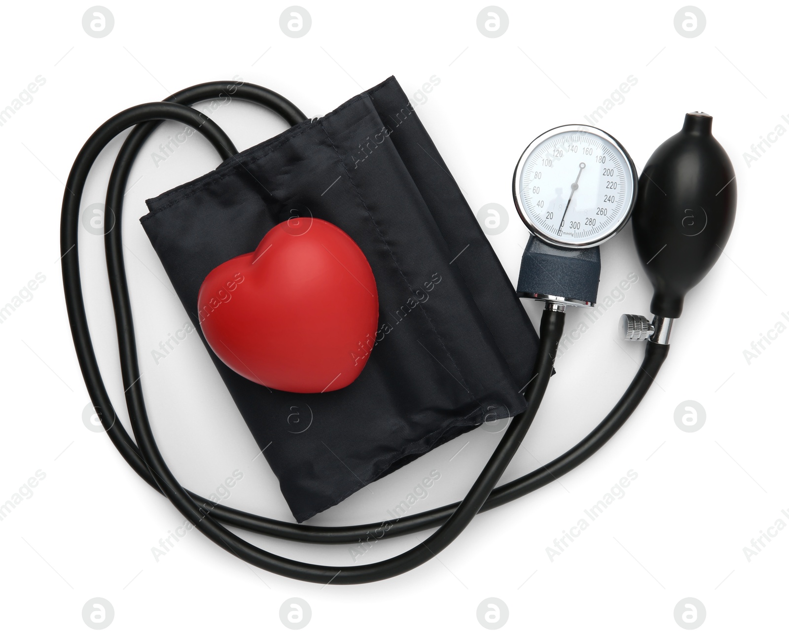 Photo of Blood pressure measuring device and red decorative heart isolated on white, top view