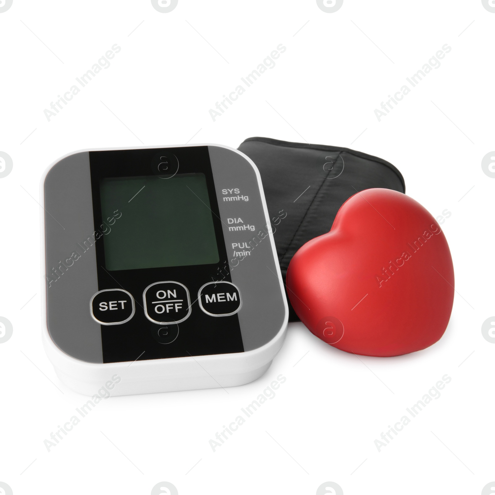 Photo of Blood pressure monitor and red decorative heart isolated on white