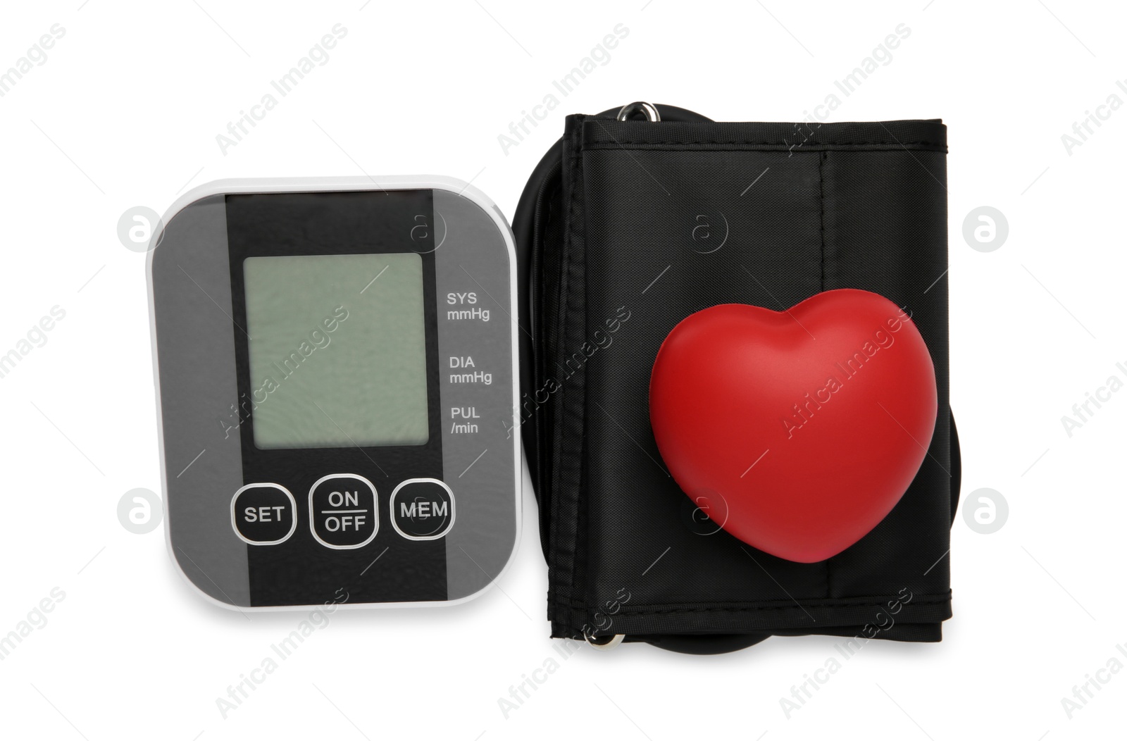 Photo of Blood pressure monitor and red decorative heart isolated on white, top view