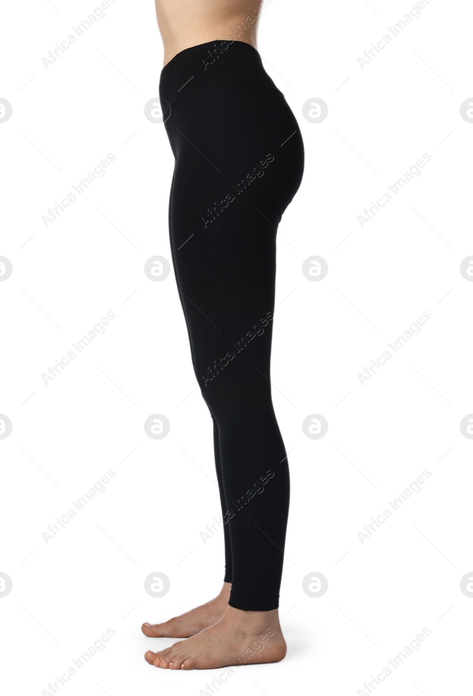 Photo of Woman wearing black sports leggings on white background, closeup