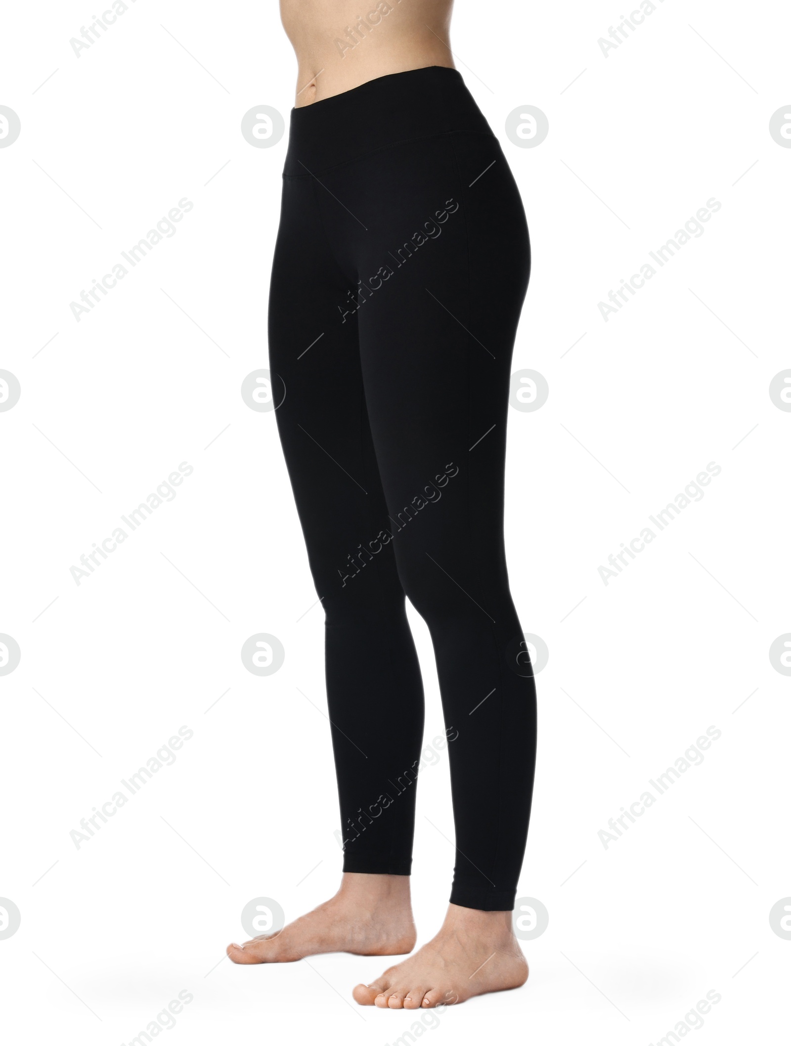 Photo of Woman wearing black sports leggings on white background, closeup