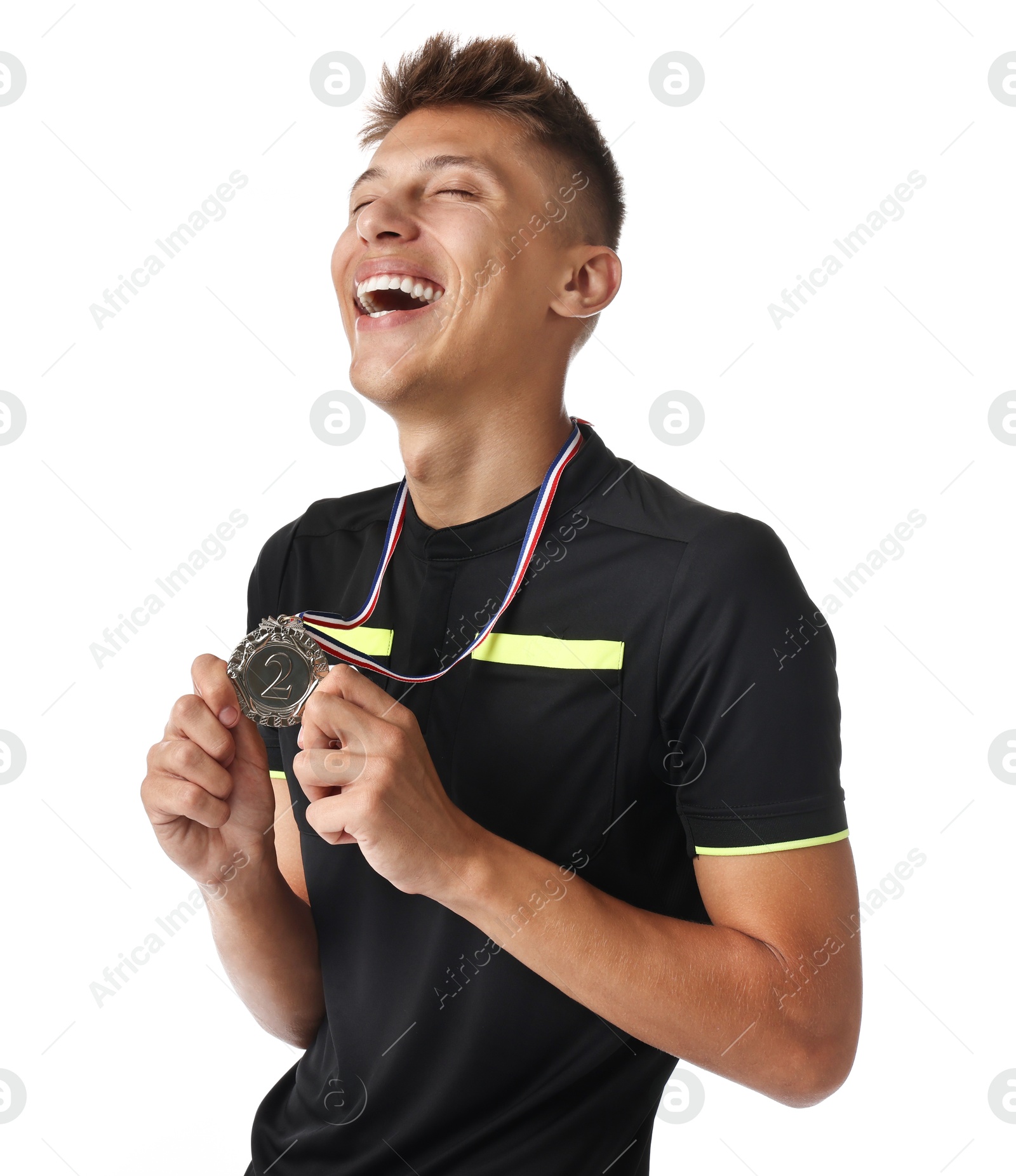 Photo of Happy winner with silver medal on white background