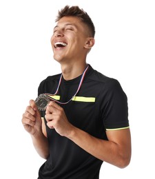 Photo of Happy winner with silver medal on white background