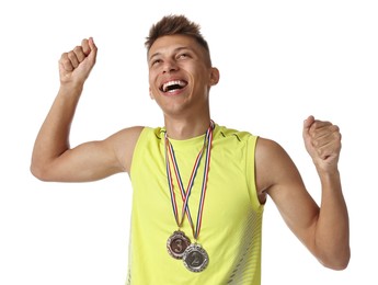 Photo of Happy winner with different medals on white background