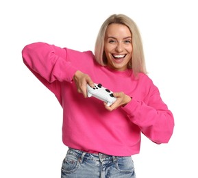 Photo of Happy woman playing video games with controller on white background